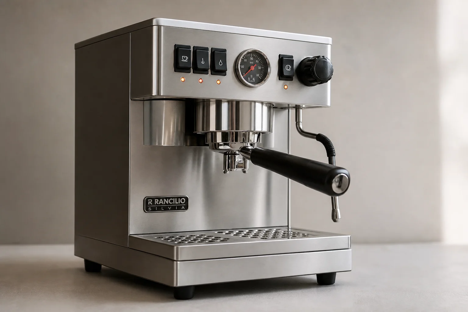 コンクリートの台の上に一列に並べられた5台の家庭用Espressoマシン