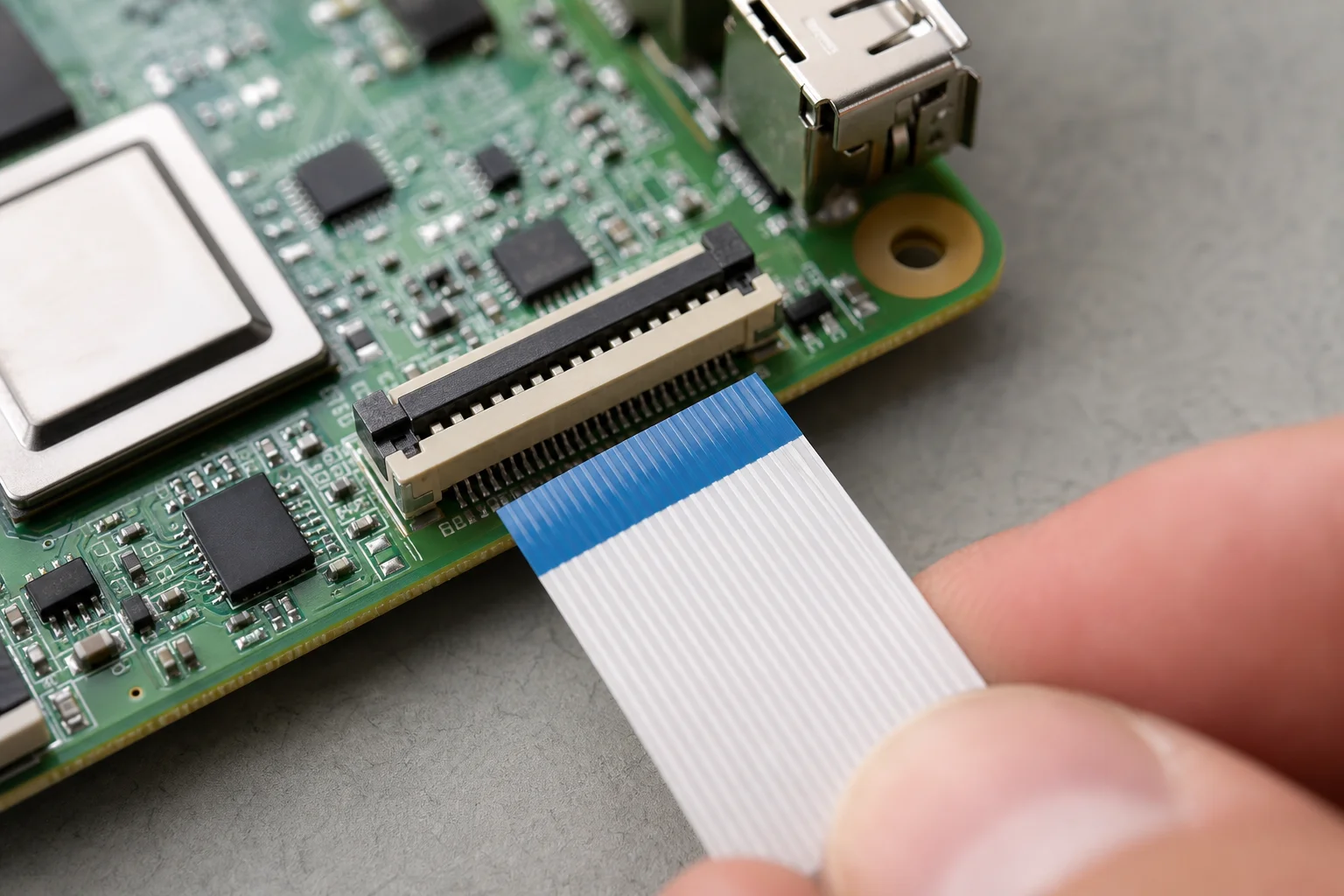 Raspberry Pi 與觸控螢幕之間 FFC 排線連接的特寫