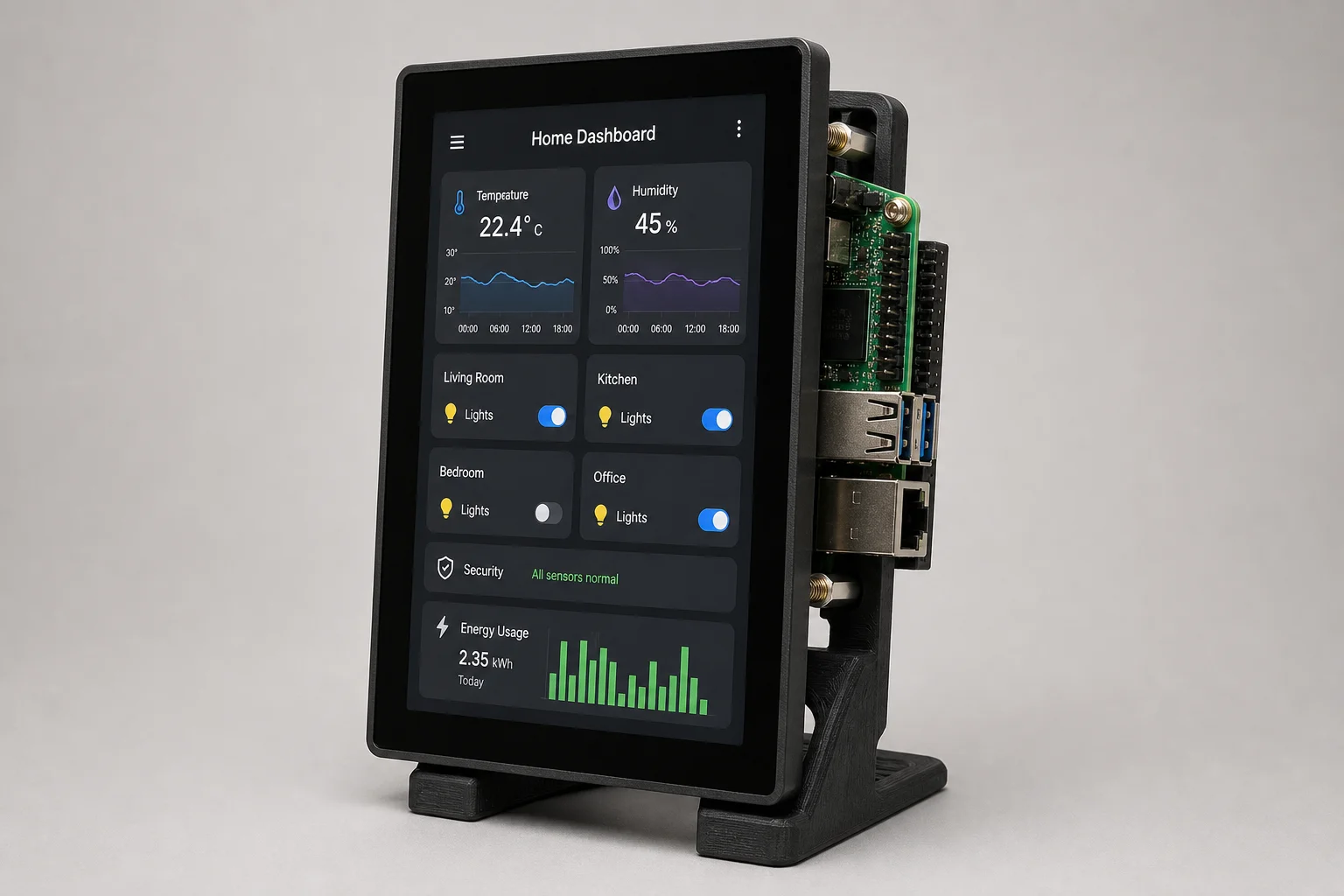 安裝在 3D 列印支架上的 Raspberry Pi 5 與 Touch Display 2，顯示著居家自動化儀表板