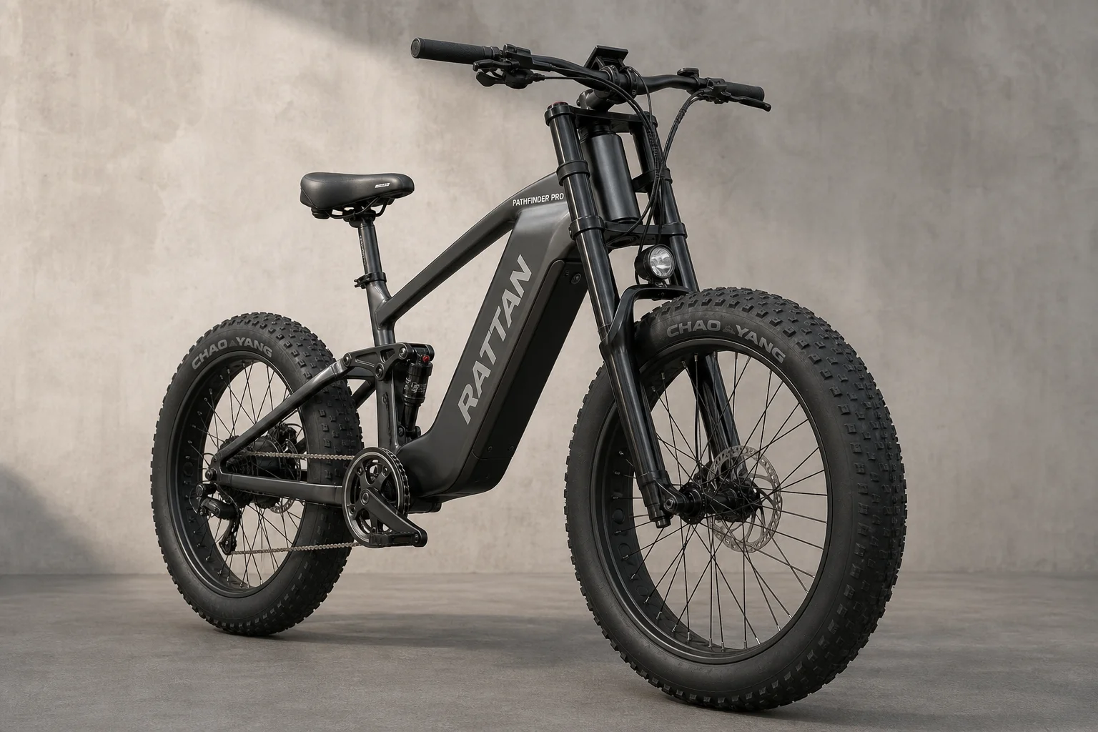 RATTAN Pathfinder Pro full-suspension fat e-bike on concrete surface