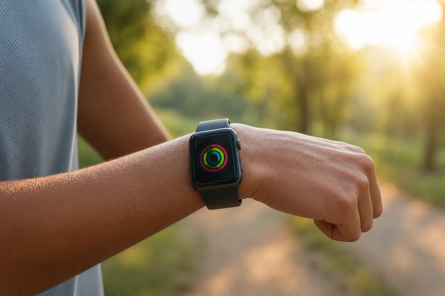 Person wearing smartwatch during outdoor running activity in morning light