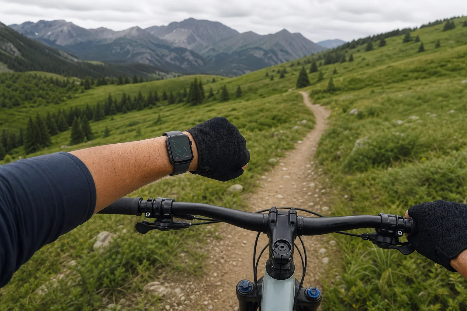 Cyclist using GPS tracking on smartwatch during outdoor cycling activity