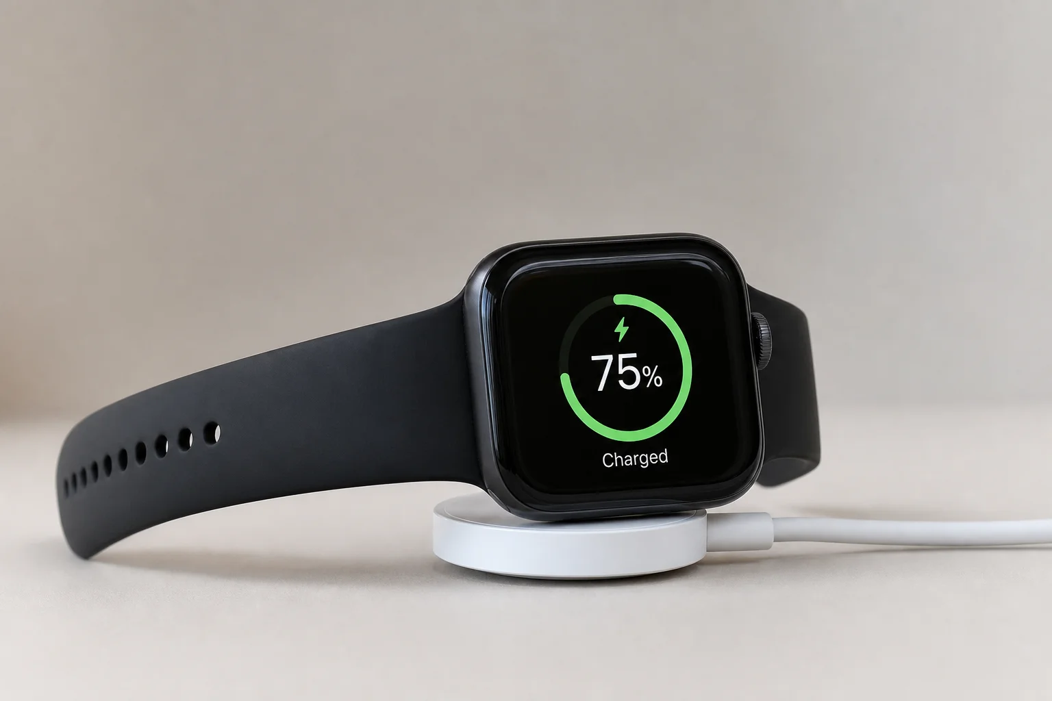 Smartwatch on charging dock with battery indicator displayed on screen