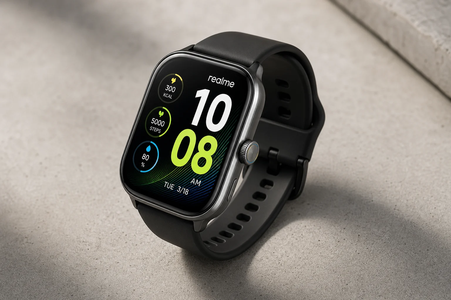 Realme Watch 5 smartwatch on concrete surface showing AMOLED display and aluminum crown