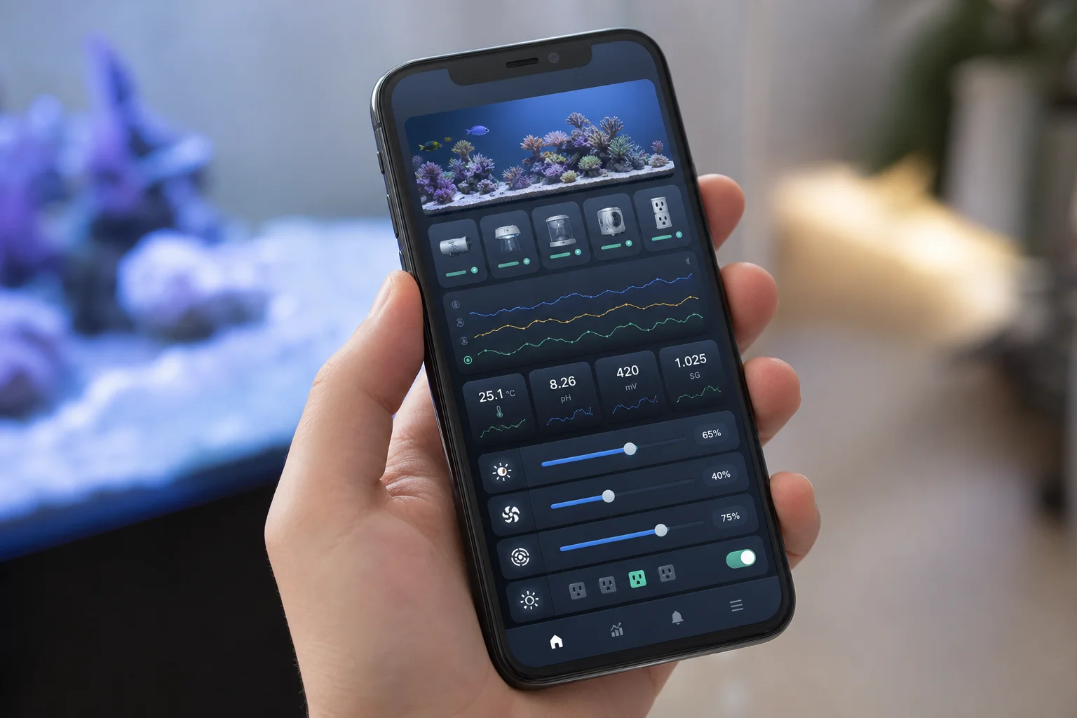 智慧型手機顯示 ReefBeat App 介面，包含海水缸監控控制功能