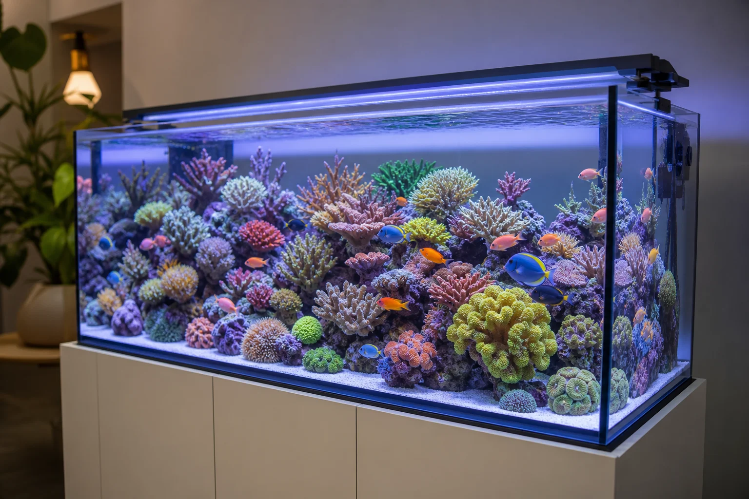 一個已建立完善的海水缸，展示多樣化的珊瑚與繁茂的海洋生物