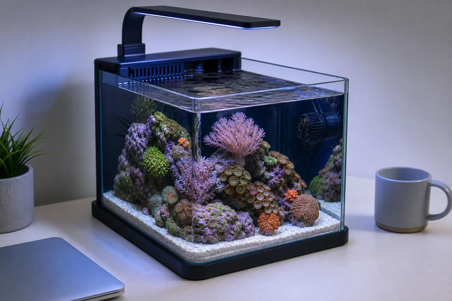 放置於書桌上的 Reef Casa 6 加侖 Pico 缸，內部裝飾著軟珊瑚並搭配藍色 LED 燈光