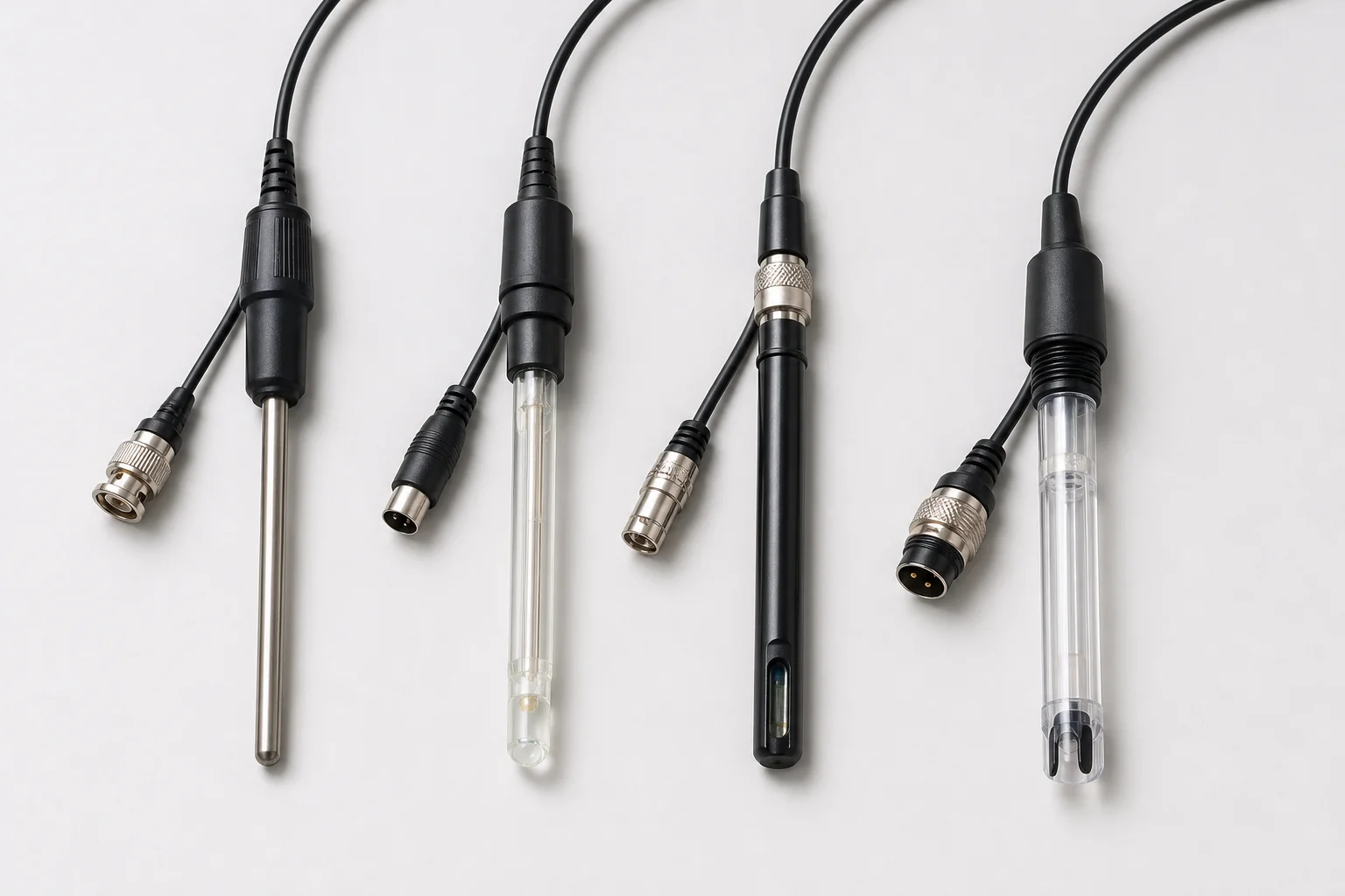 Digital aquarium probe sensors arranged on a white surface