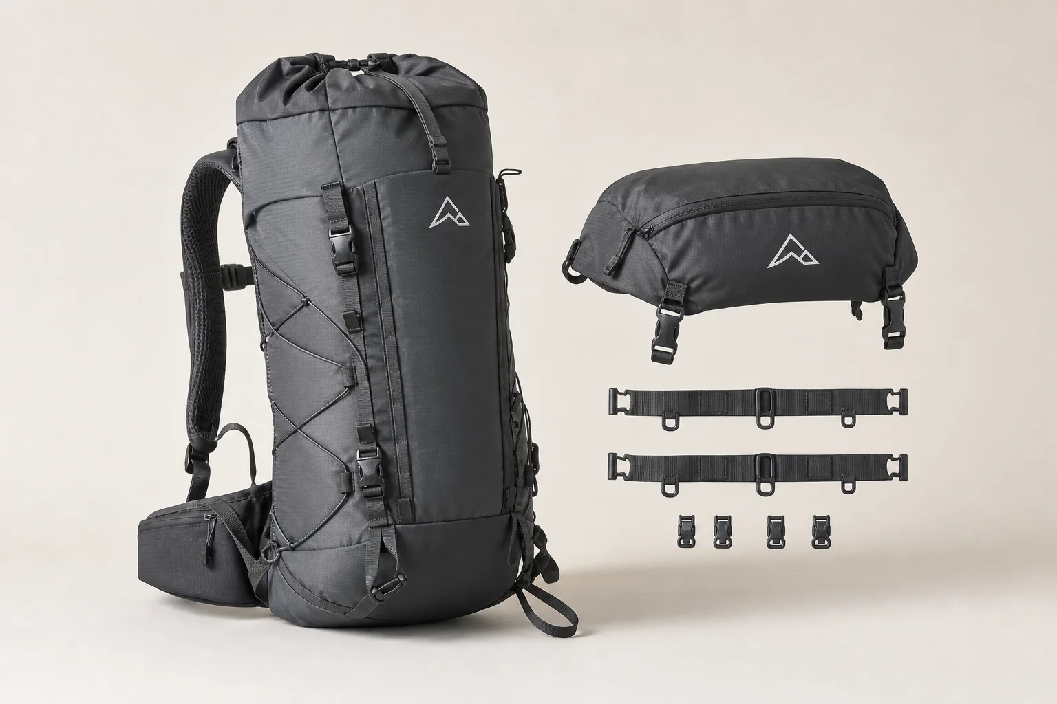 Eight backpacking packs of various styles and sizes arranged on concrete surface