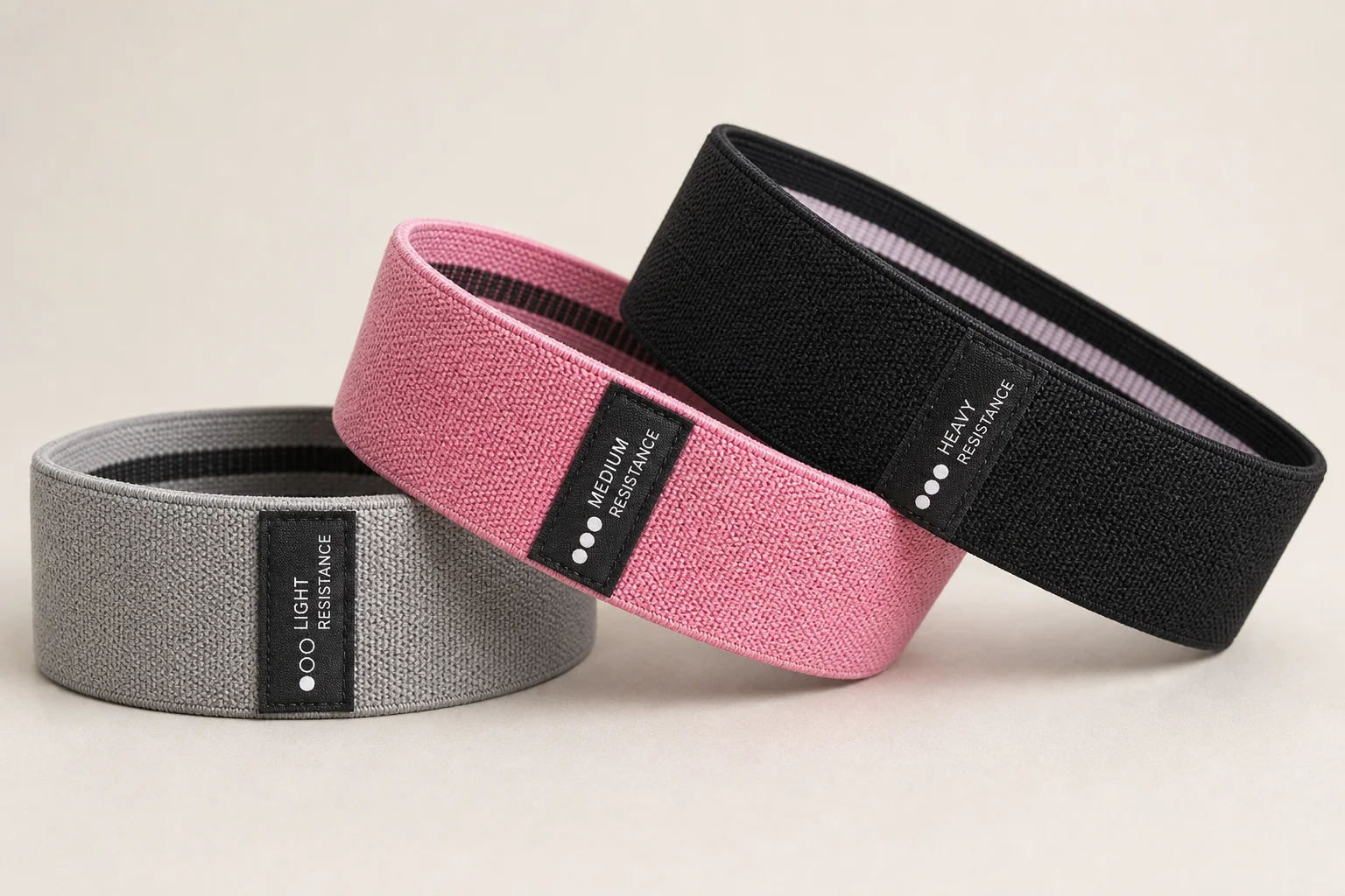 Five resistance band sets displayed on concrete surface showing different styles and colors