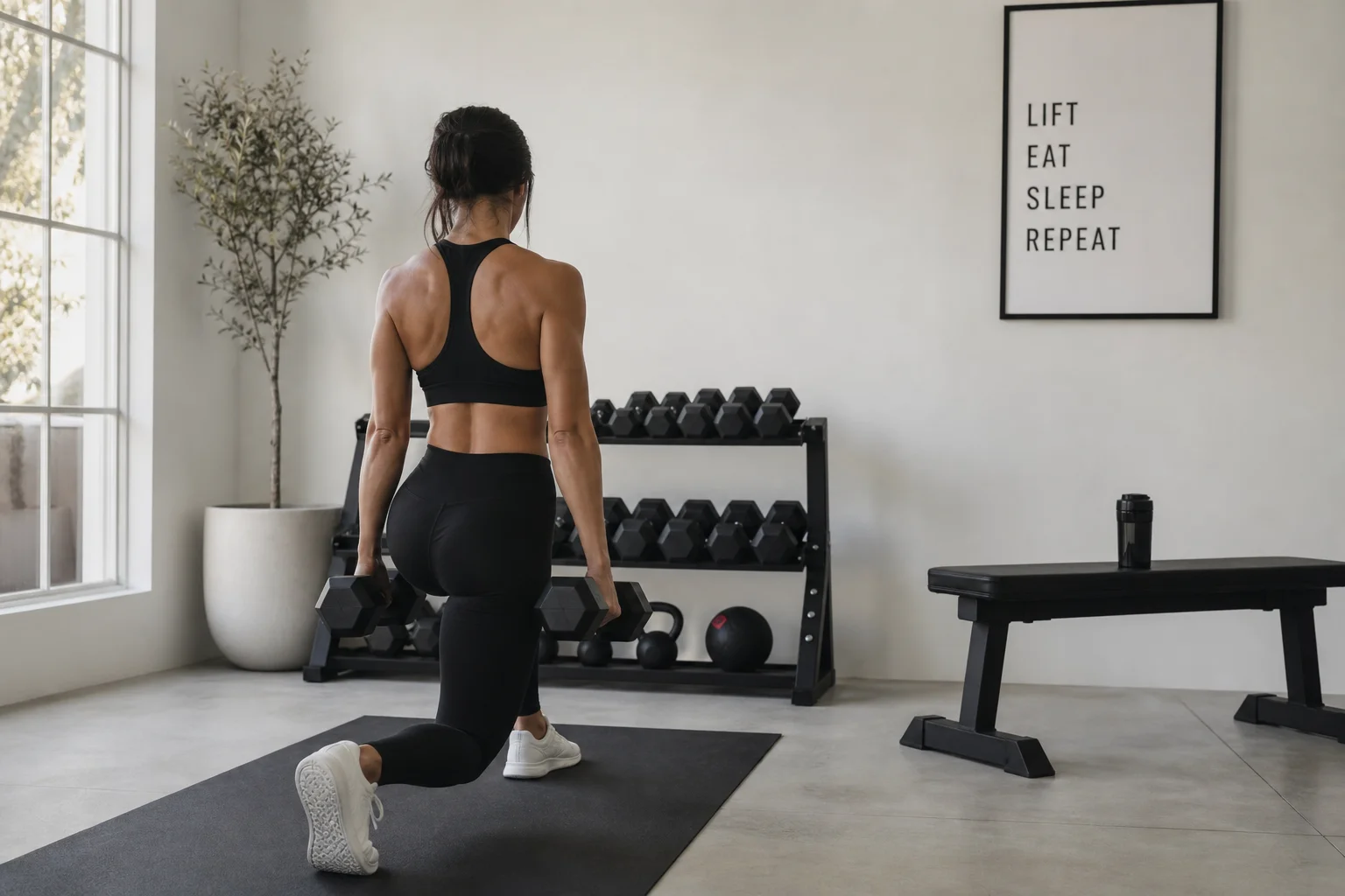 Person performing dumbbell exercise in minimalist home gym