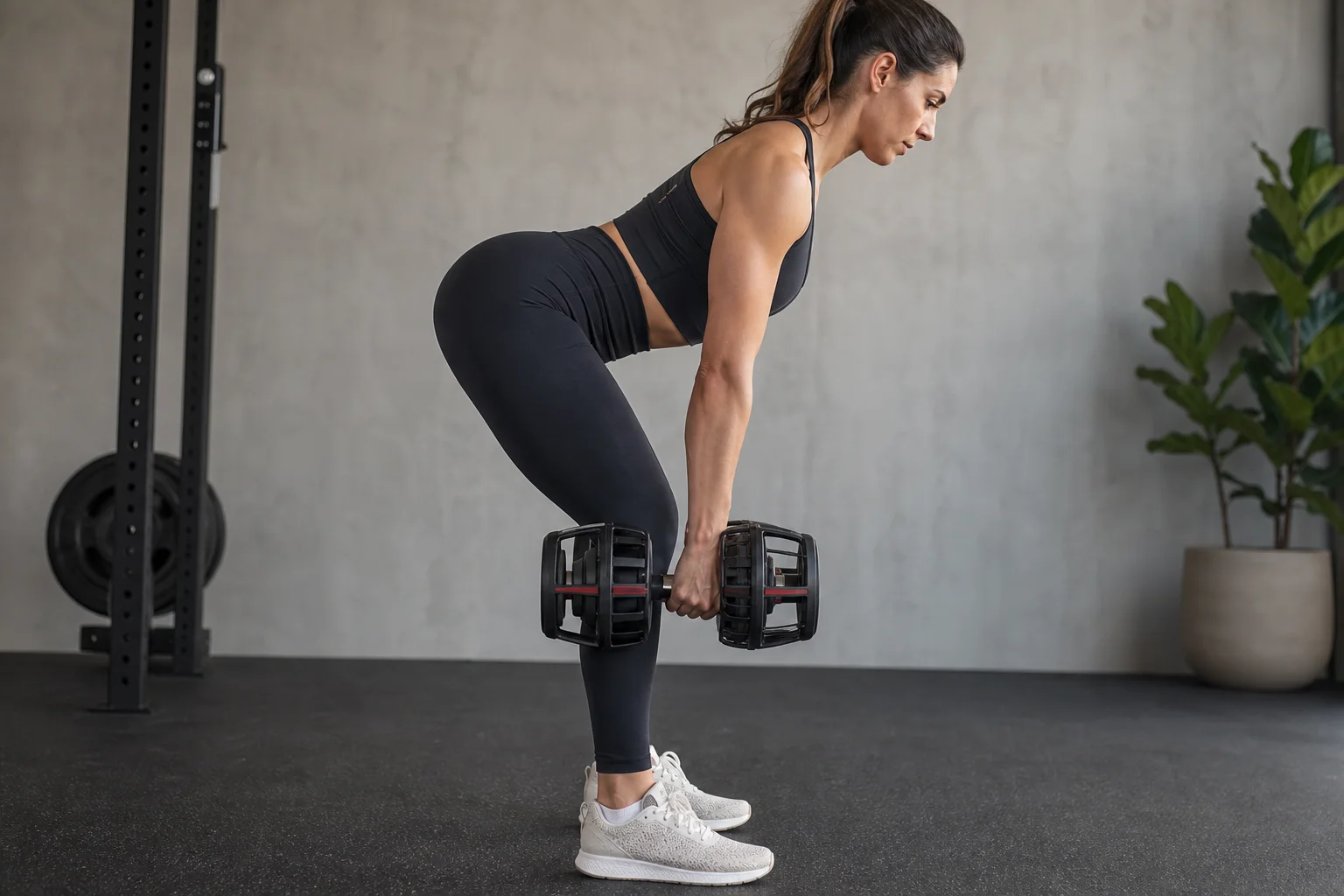 Person performing Romanian deadlift with open cage adjustable dumbbell