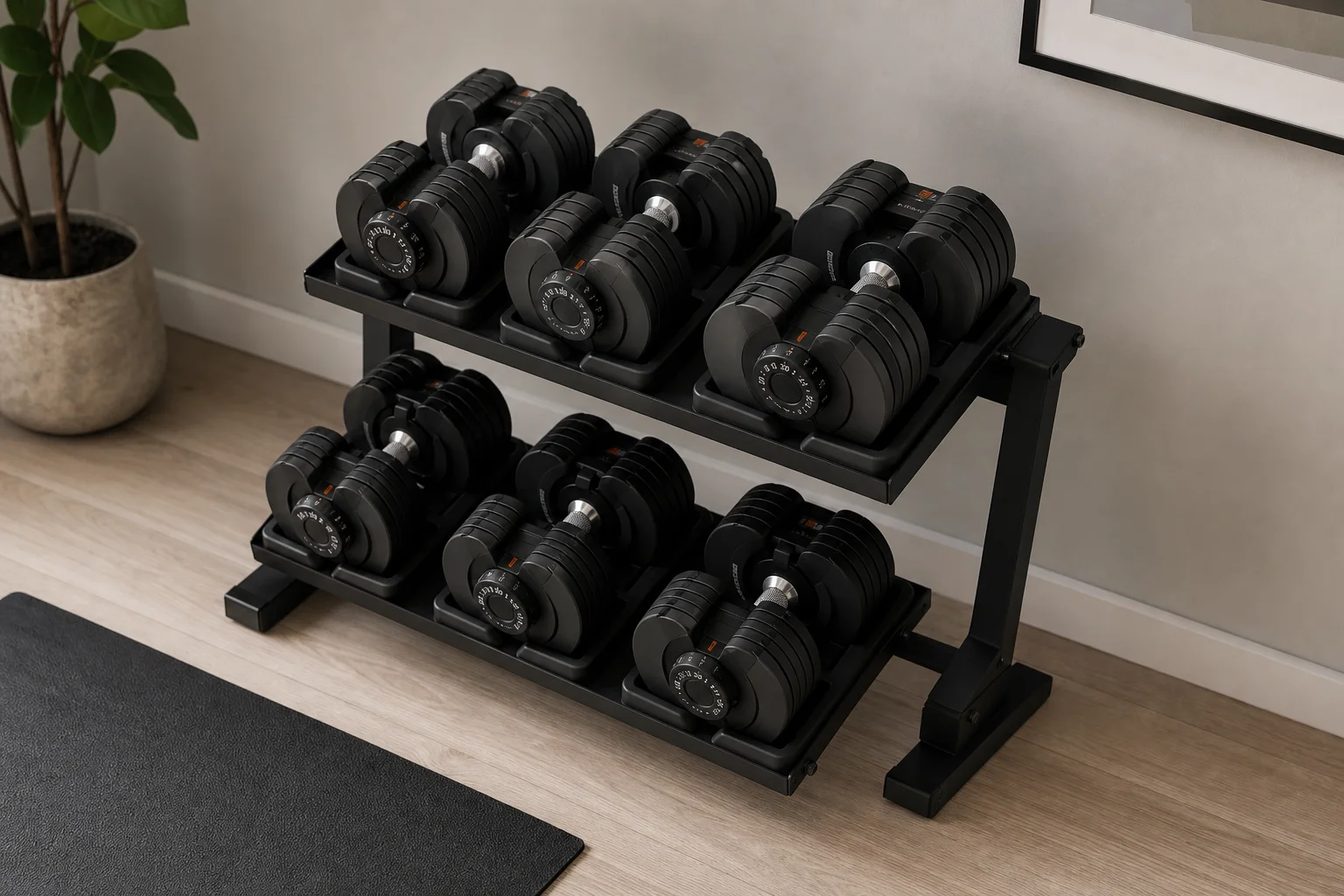 Multiple adjustable dumbbells organized on a dumbbell stand