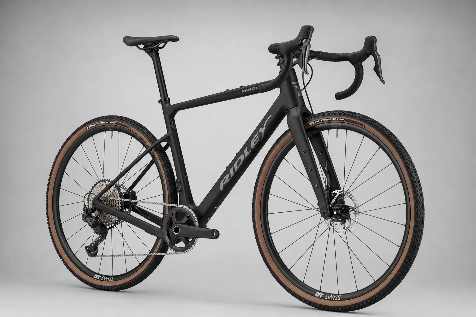 Five gravel bikes arranged in staggered composition showing different frame styles and geometries