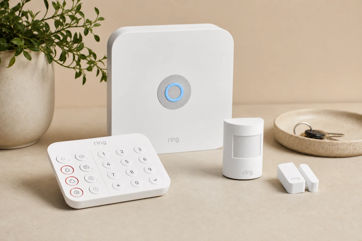 Smart home devices including hub, streaming device, thermostat, lock, and lights on a desk