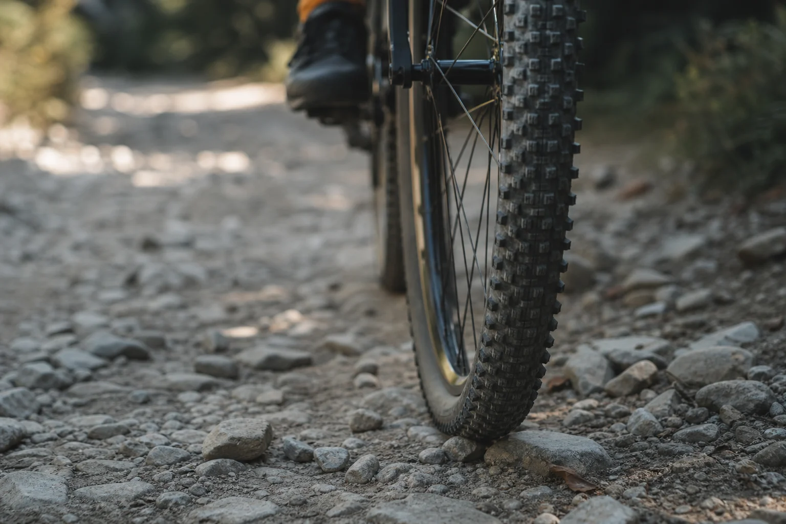 Gravel bike tire on unpaved rocky terrain with natural lighting