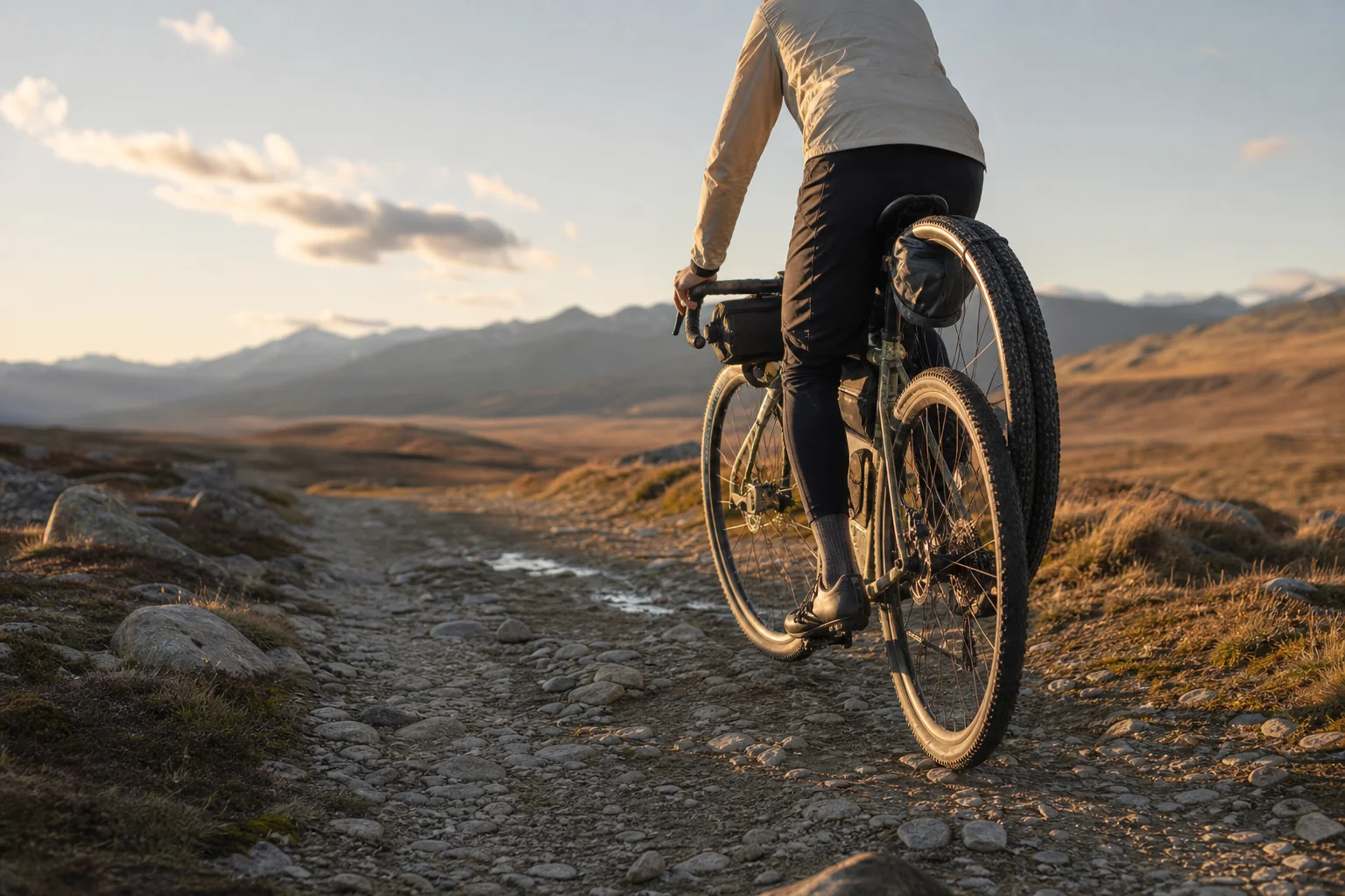 Cyclist riding gravel bike on mixed terrain with spare wheel mounted