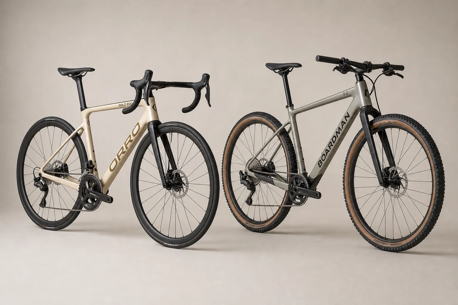 2025 Orro Gold Evo road bike and 2025 Boardman ADV 9.2 gravel bike side by side