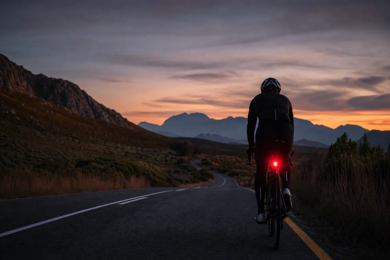 Cyclist riding at dusk with red rear light visible against darkening sky