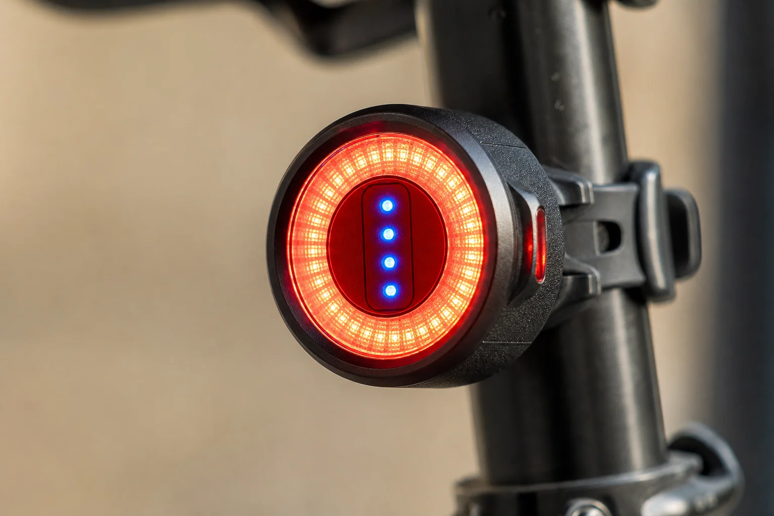 Close-up of RockBros Q5 showing LED ring and blue battery indicator lights