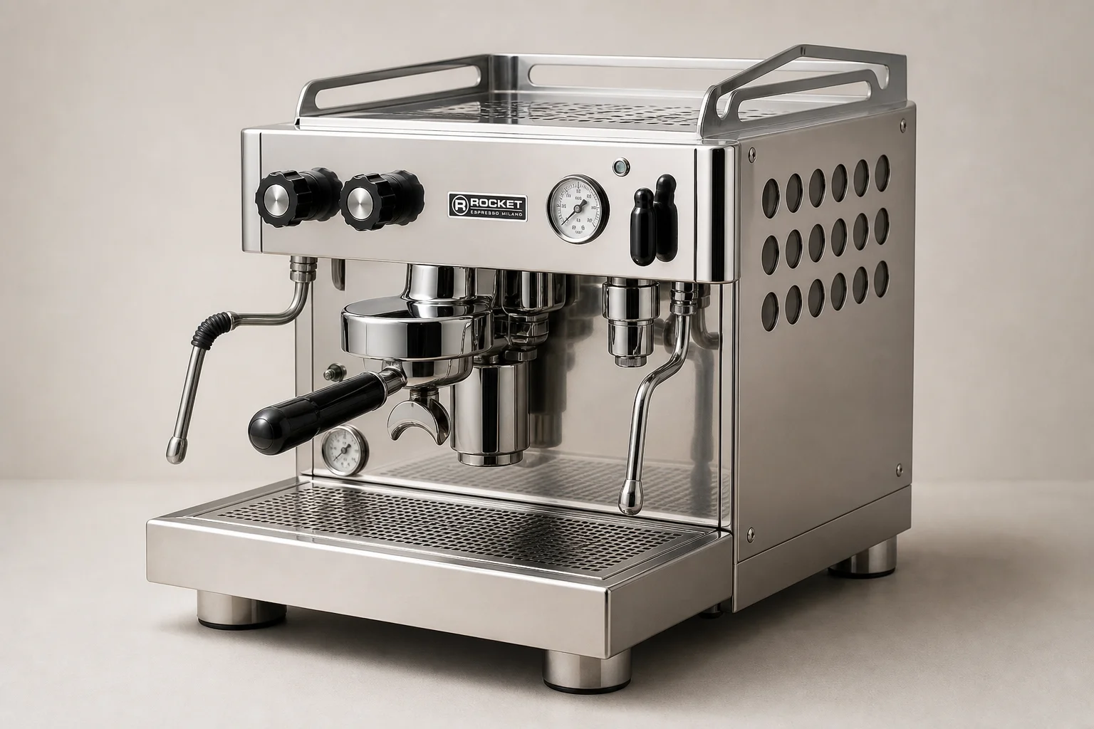 六台擺放在水泥地面的 Espresso 機，展示了不同的設計與尺寸。