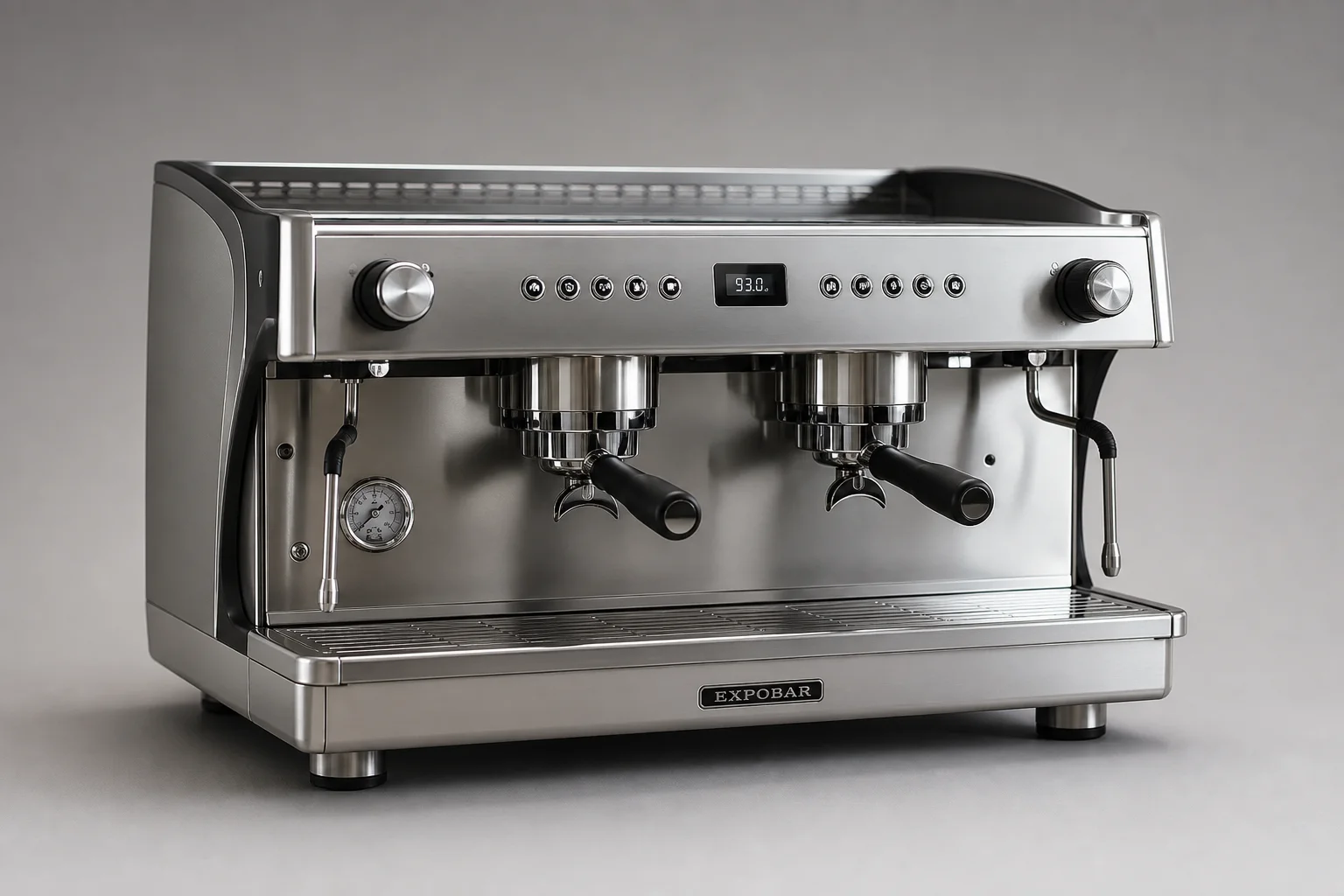 三台Espresso咖啡機：Rocket Boxer、Sanremo Zoe與Wega Polaris放置於灰色檯面上