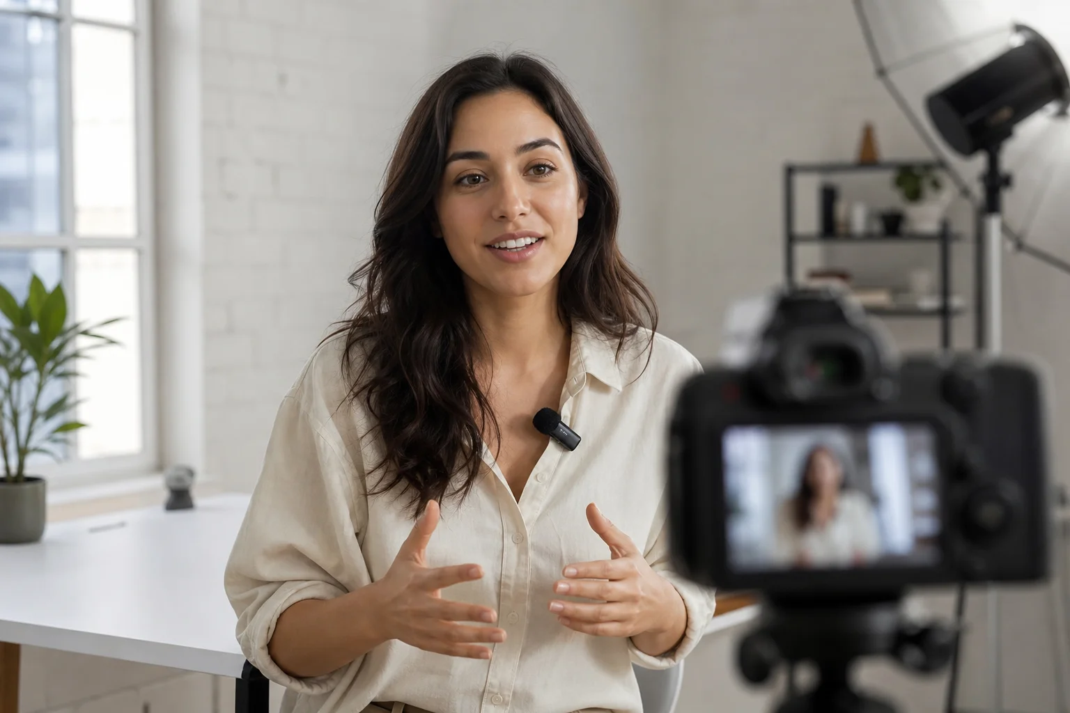 Content creator recording audio with wireless microphone in studio setting