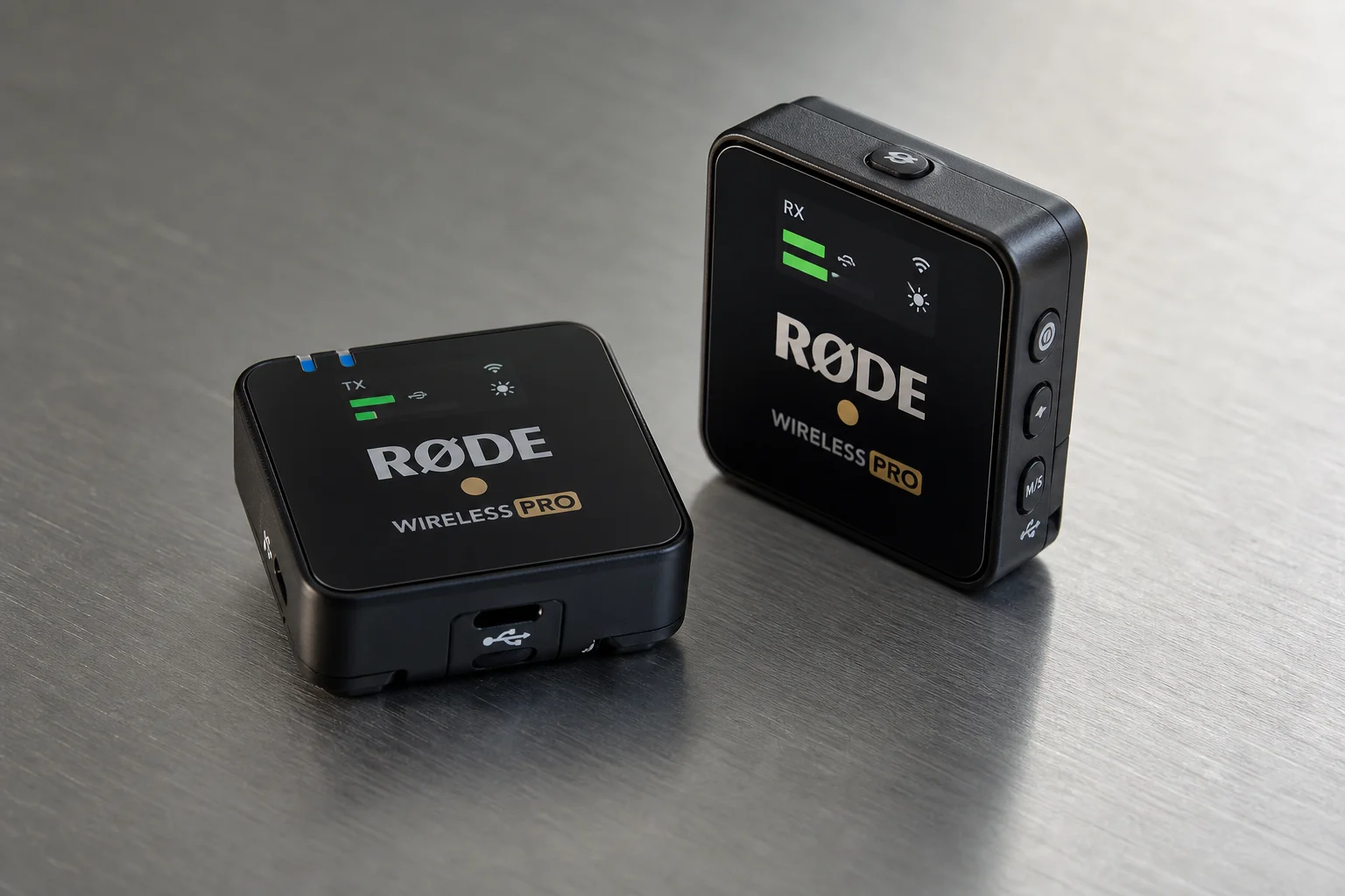 Close-up of wireless microphone transmitter and receiver units
