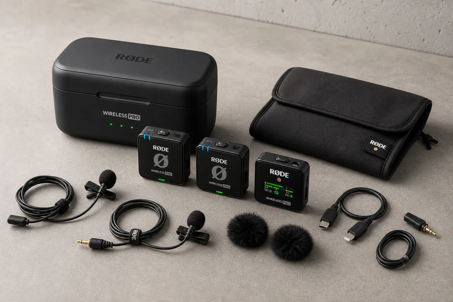 Rode Wireless Pro system with receiver, transmitters, charging case, and accessories on concrete surface