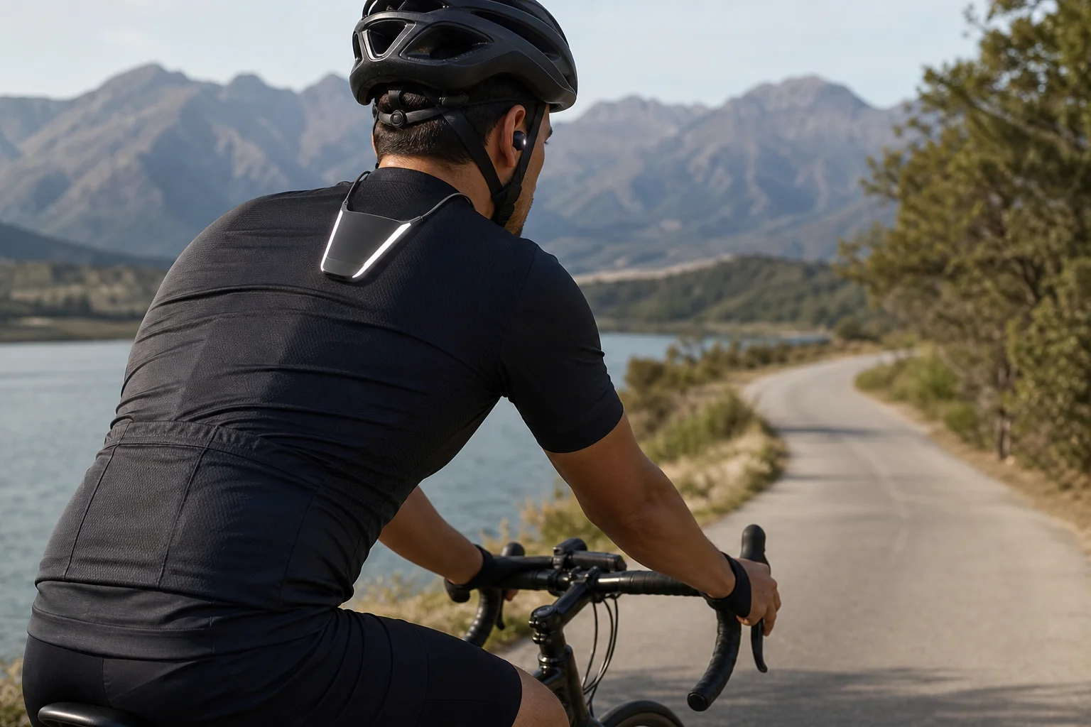 Outdoor cyclist wearing earbuds with reflective neckband in daylight