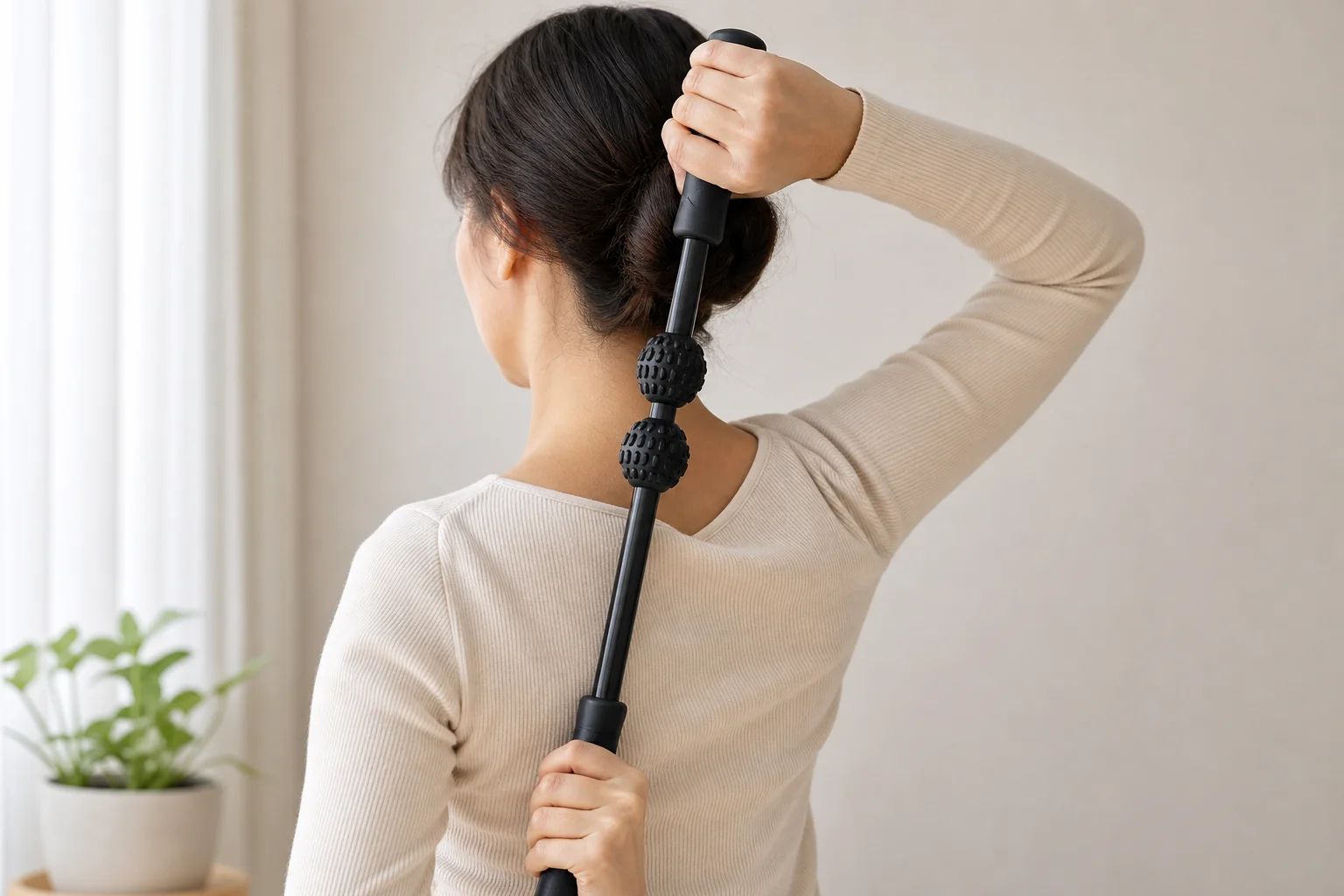 Person using Roller Cane on upper back and neck with proper grip technique