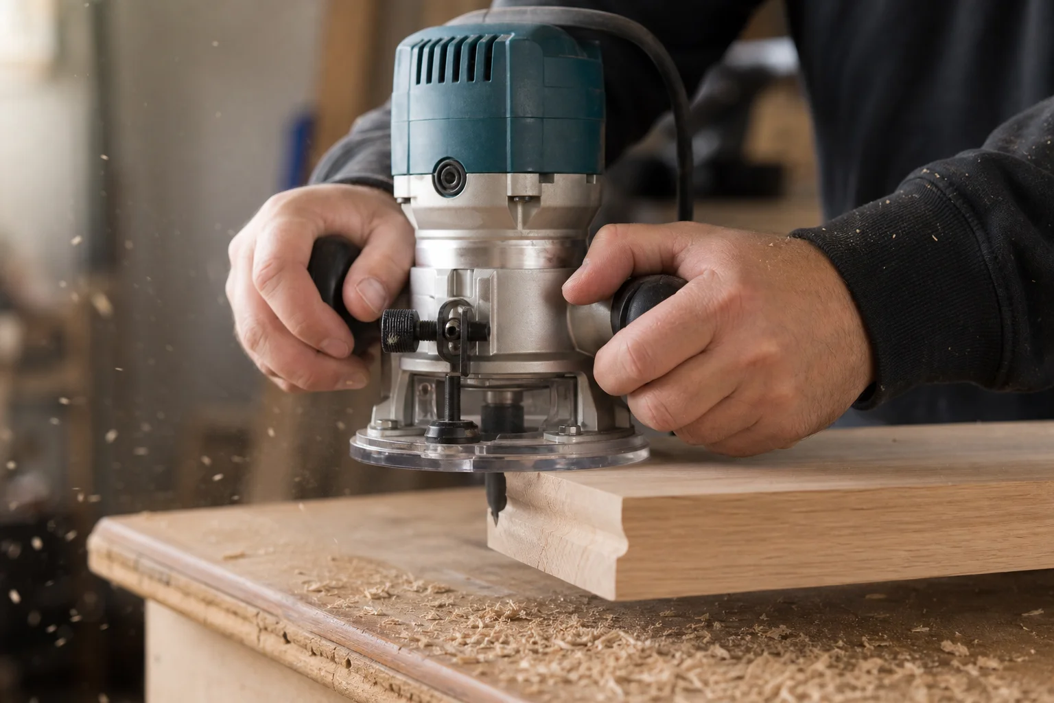 Woodworker using trim router on edge profile