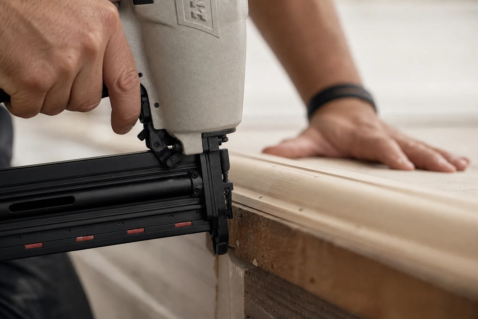 Brad nailer driving nails into trim with consistent depth