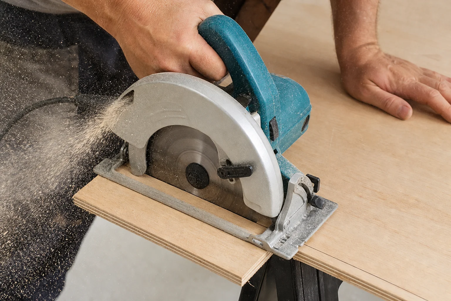 Circular saw cutting through plywood with visible dust