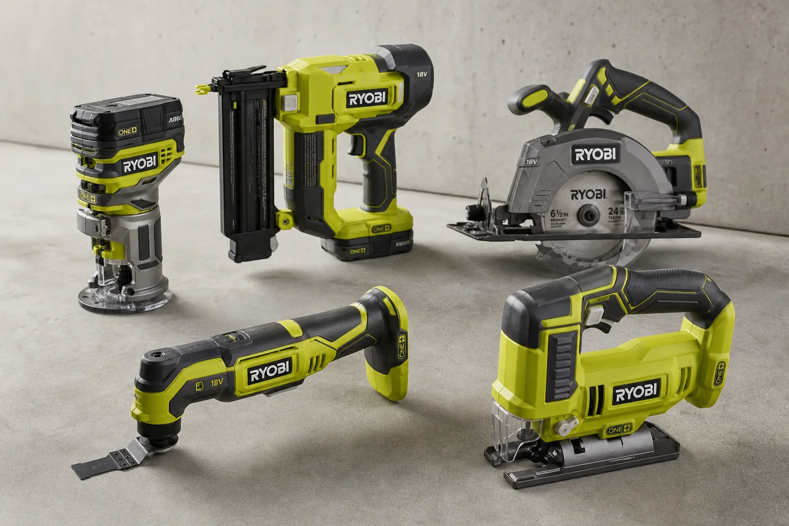 Ryobi 18V One+ cordless tools arranged on concrete surface