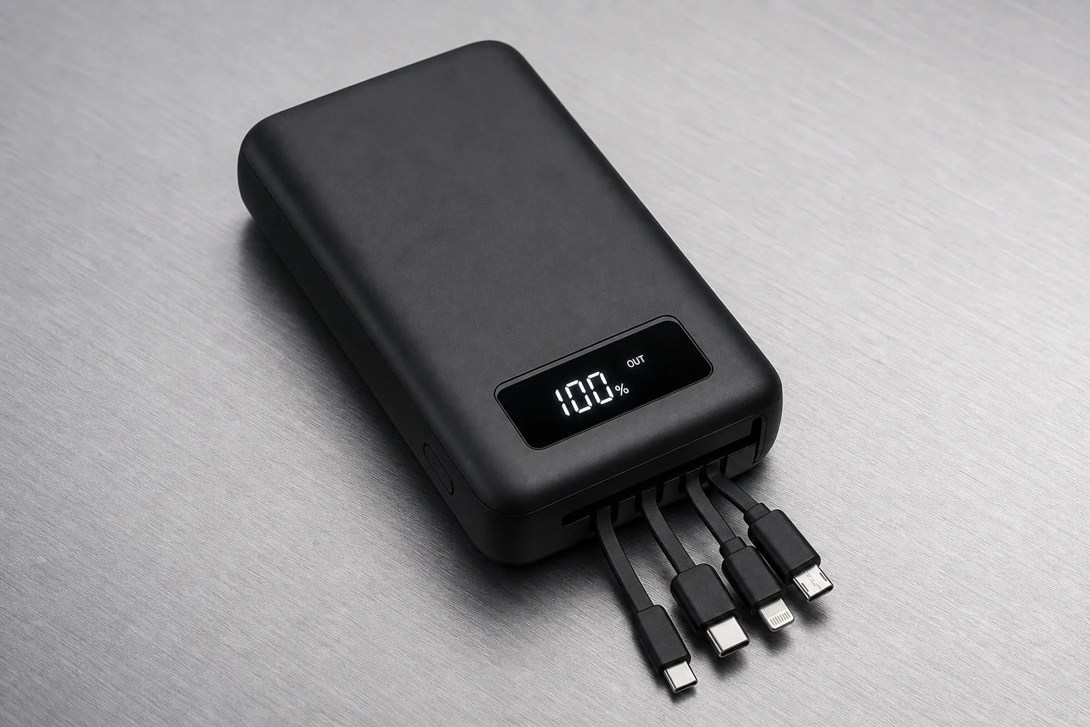 Four power banks arranged on concrete: basic, solar, digital display, and magnetic models