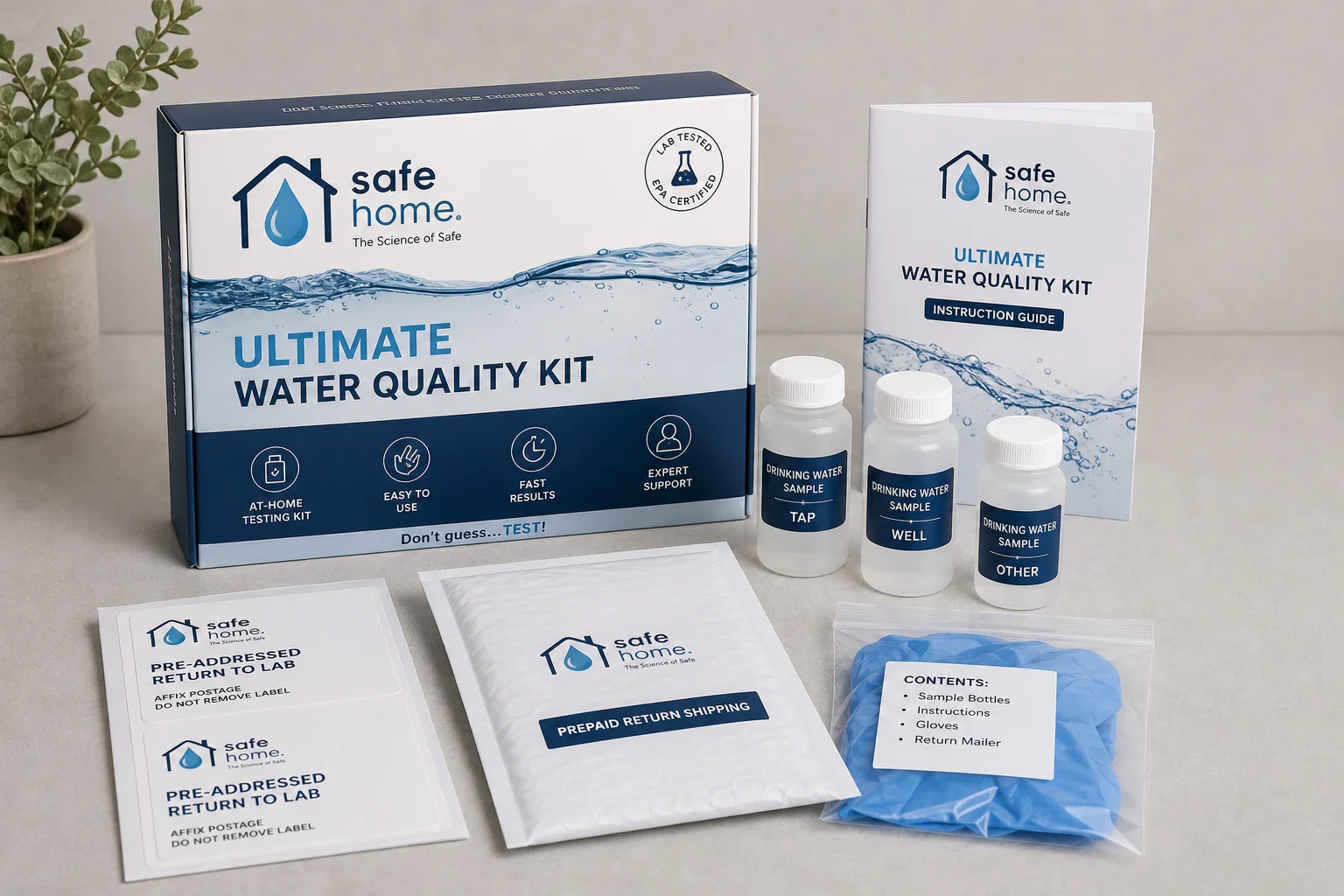 Collection of water test kits including strips, digital photometer, and test tubes on grey surface