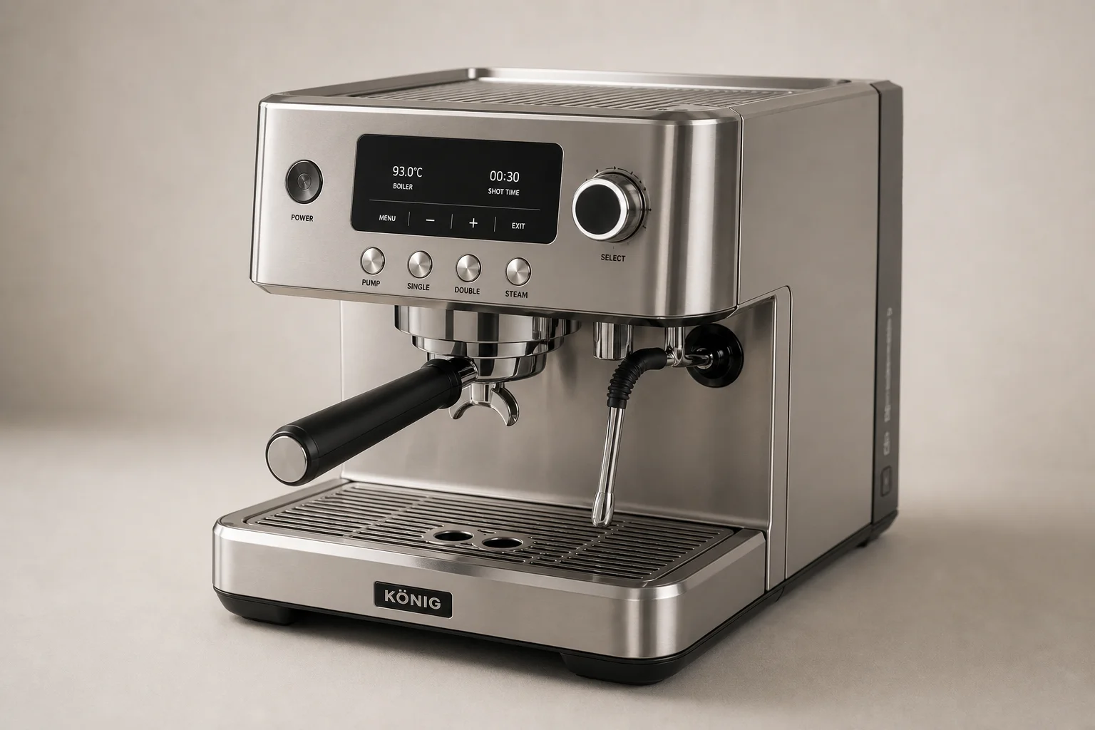 六台擺放在混凝土表面上的 Espresso 咖啡機，展示了不同的設計與尺寸。