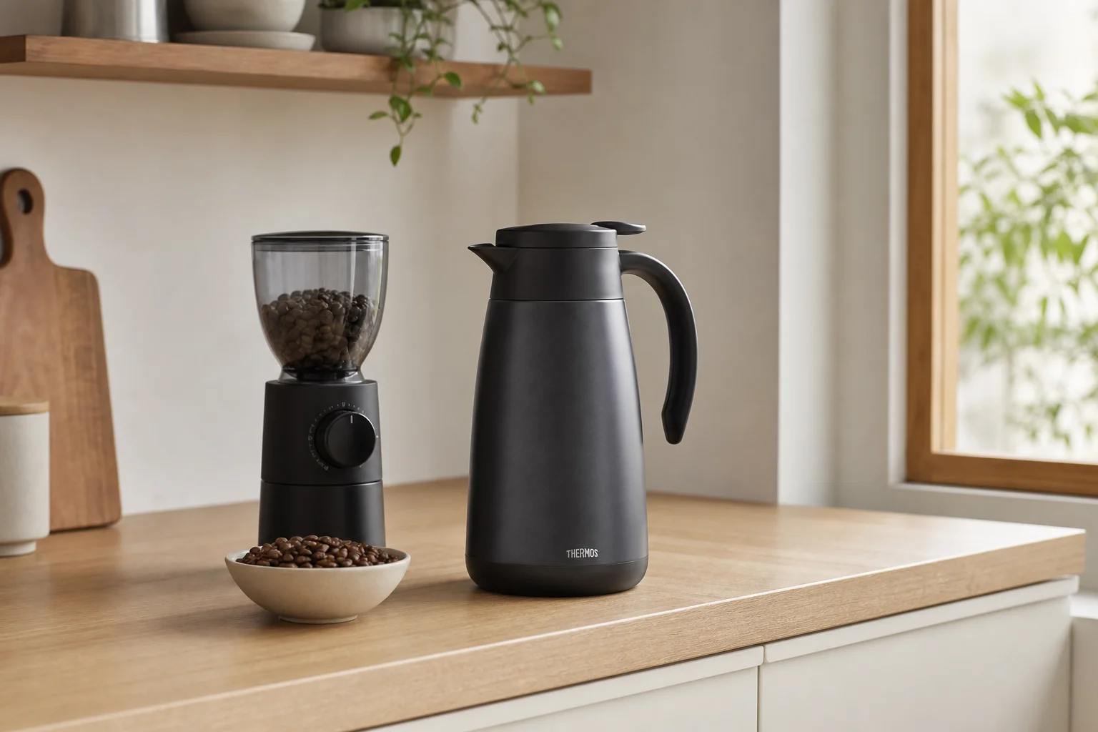 Thermal carafe sitting on a kitchen counter next to a grinder and coffee beans