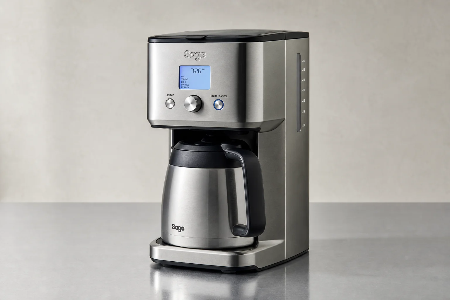 Sage Precision Brewer coffee machine on wooden countertop with thermal carafe