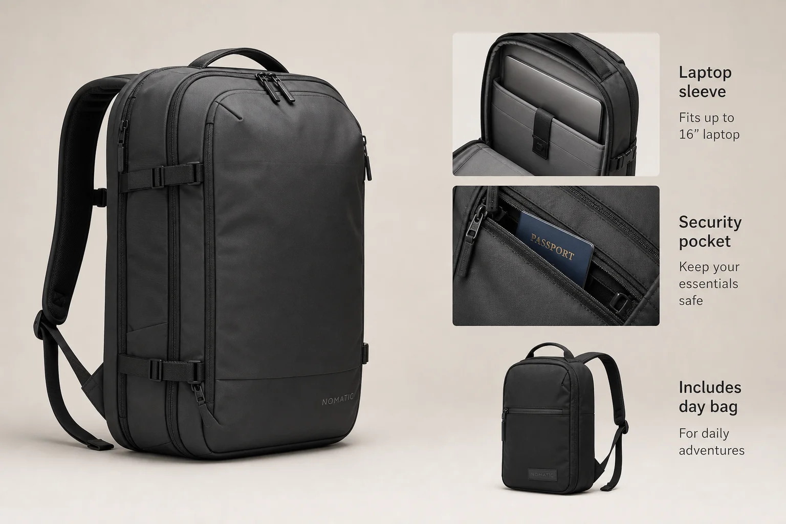 Eight backpacking packs of various styles and sizes arranged on concrete surface