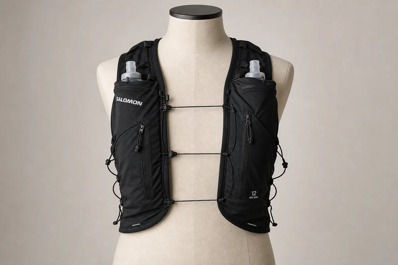 Salomon Advanced Skin 12 與 Advanced Skin 5 水袋背心並排展示於中性背景前