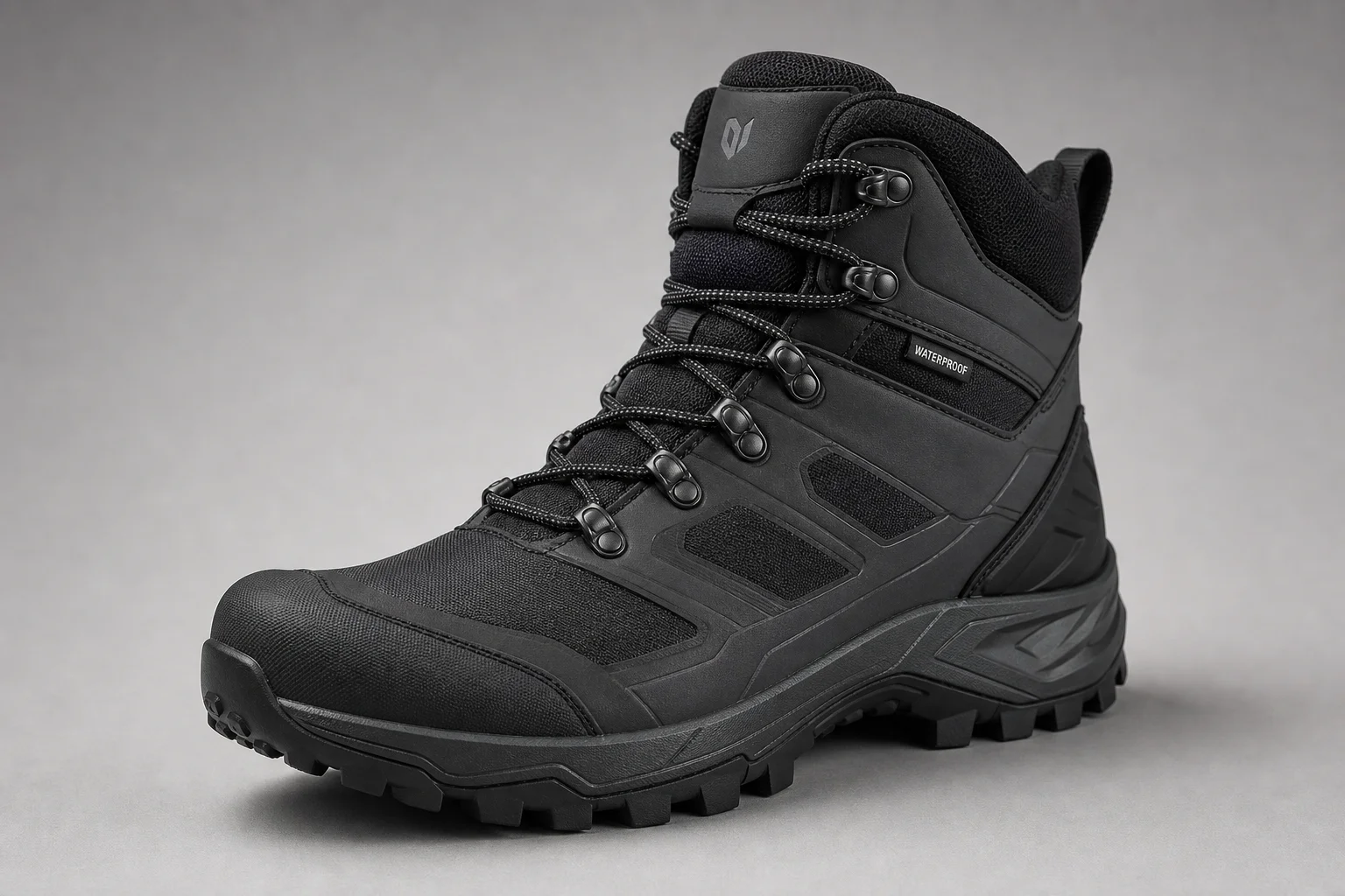 Five hiking boots arranged diagonally on concrete surface