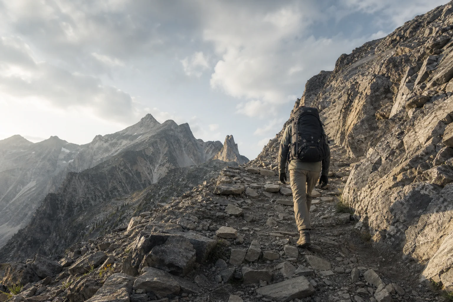 Hiker on a rocky mountain trail with steep terrain and distant peaks