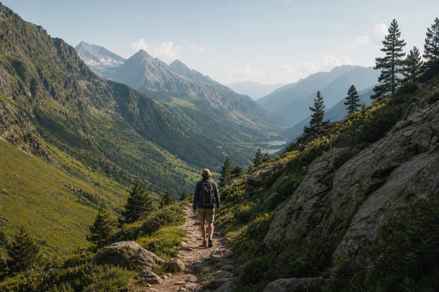 登山客行走於山徑，遠處可見壯麗的山谷景色