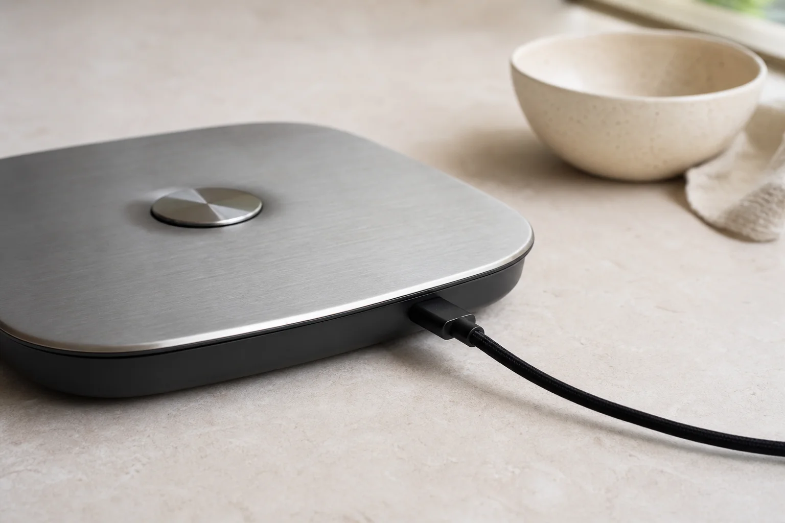 連接在檯面上廚房秤的 USB-C 充電線