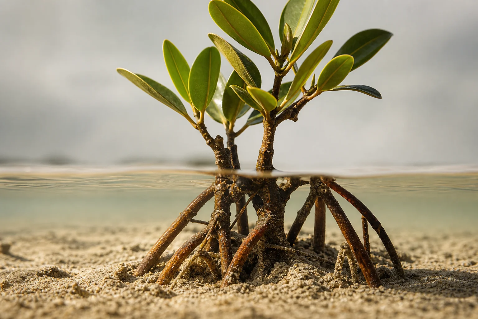 Close-up of mangrove roots in sand substrate with green foliage above waterline