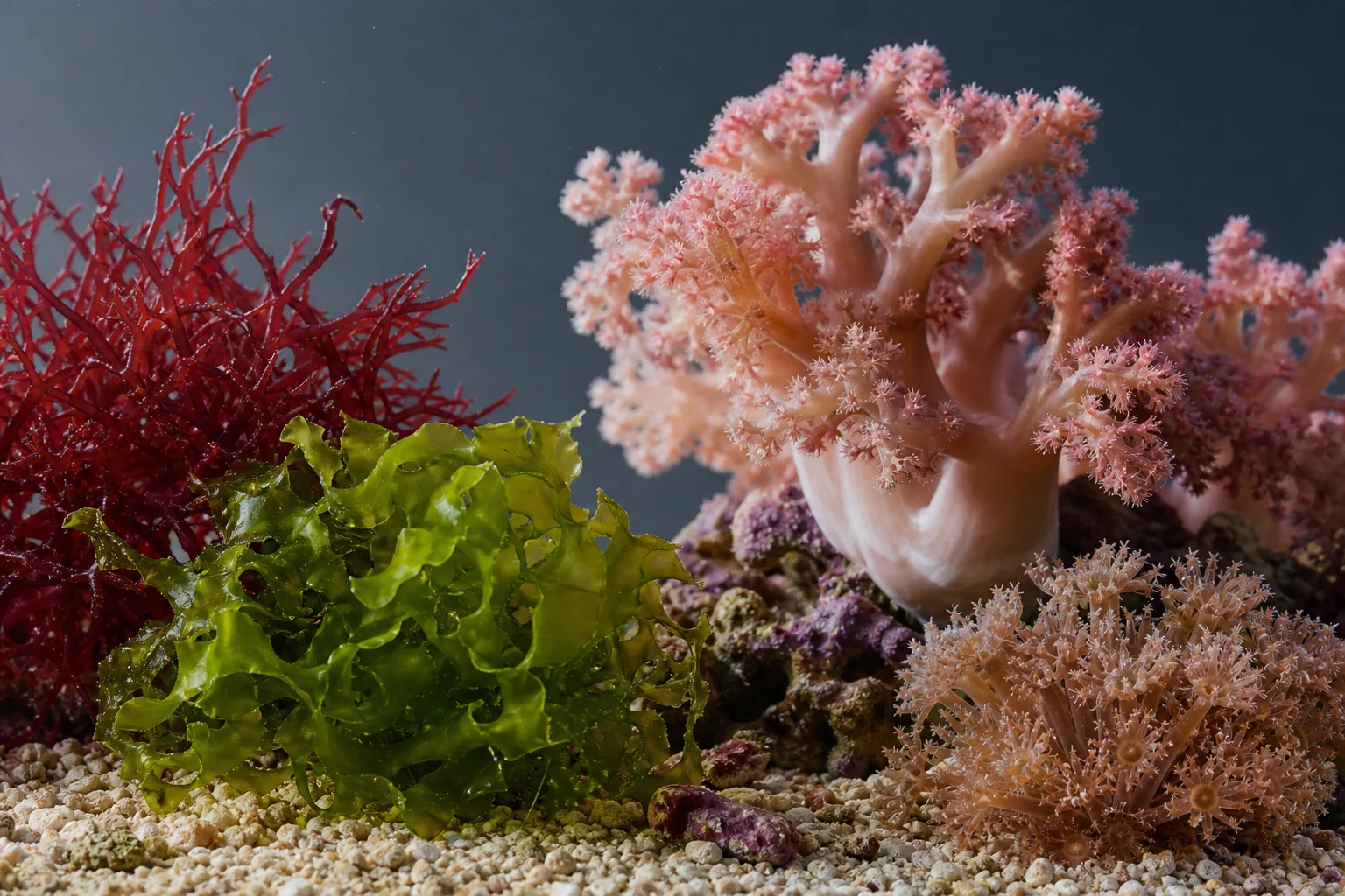 Macro algae and soft coral specimens growing on aquarium substrate