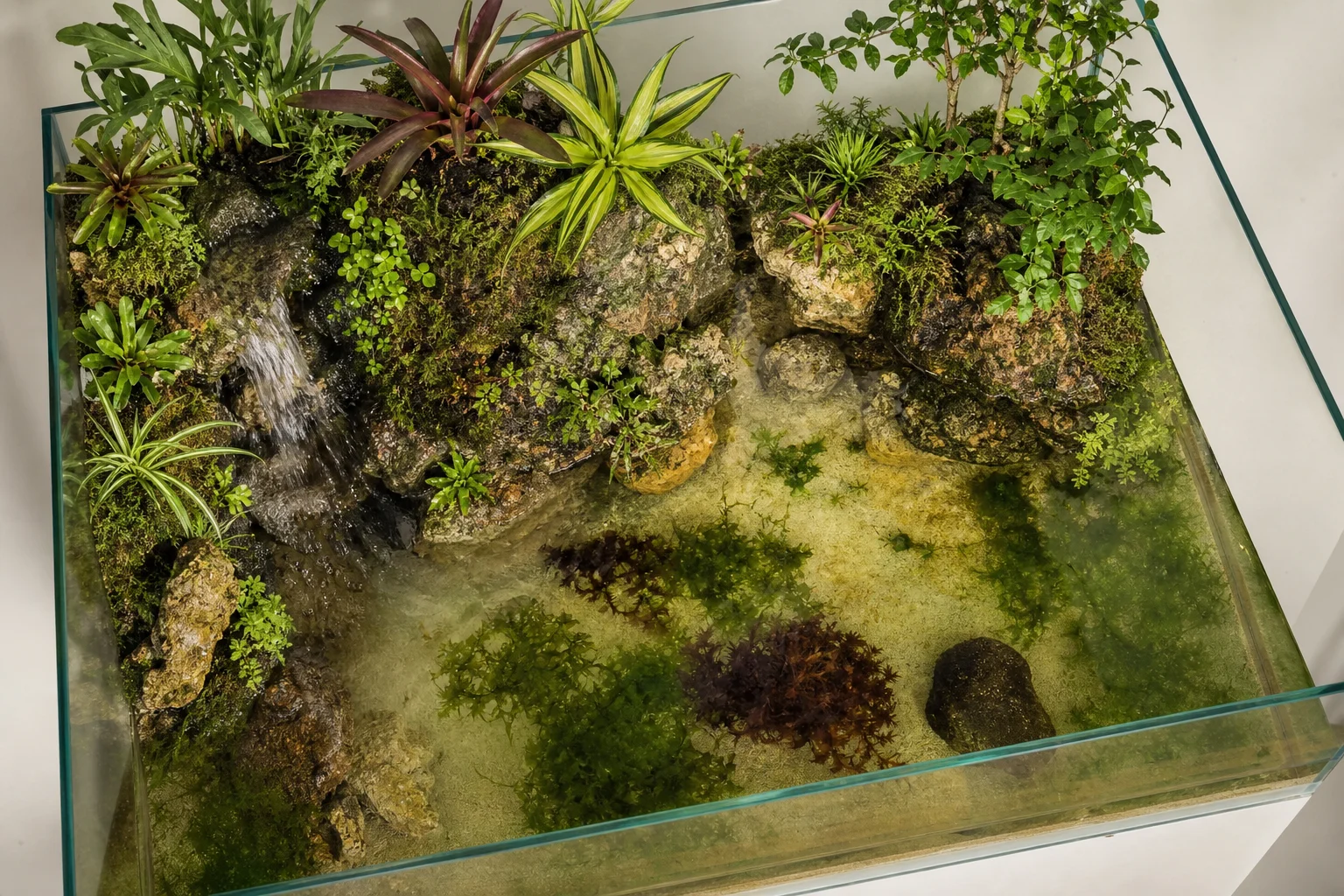 Overhead view of aquarium showing water flow patterns and plant distribution