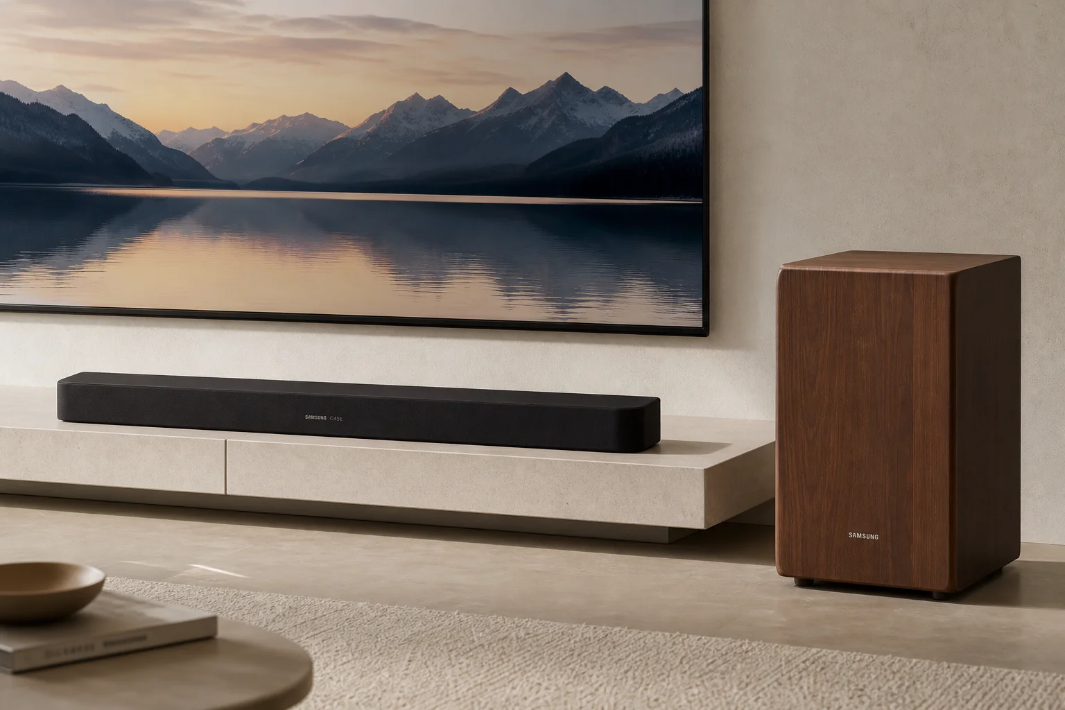 家庭娛樂配置，Soundbar 與重低音喇叭連接至電視